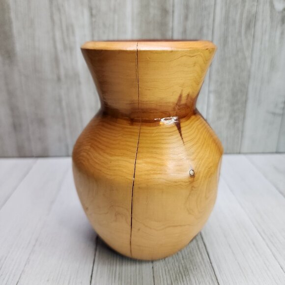 Vintage Glazed Crafted 6 1/2” Two Toned Wood Vase with Cracking - Picture 5 of 9